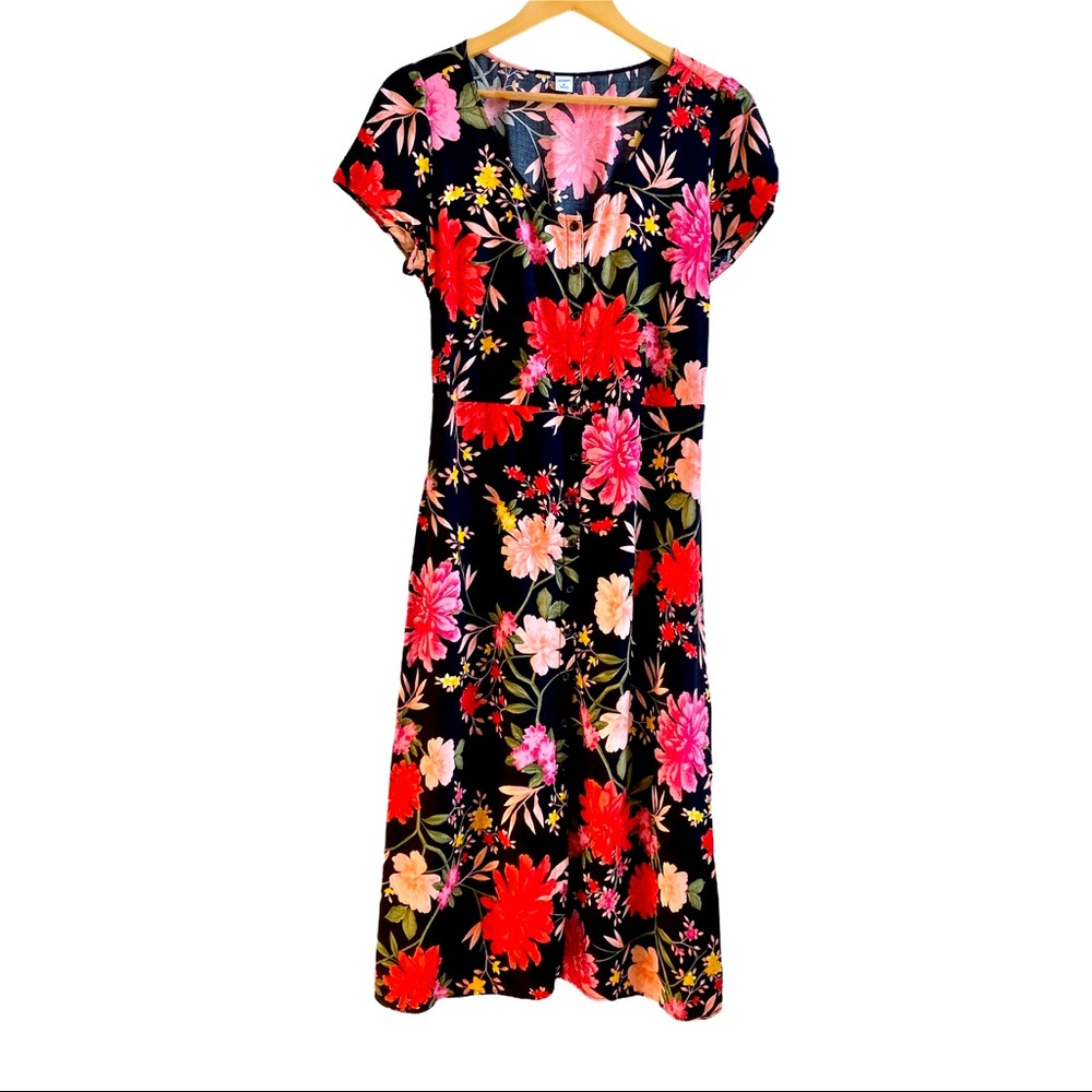 Short Sleeve Button Front Black Floral Dress